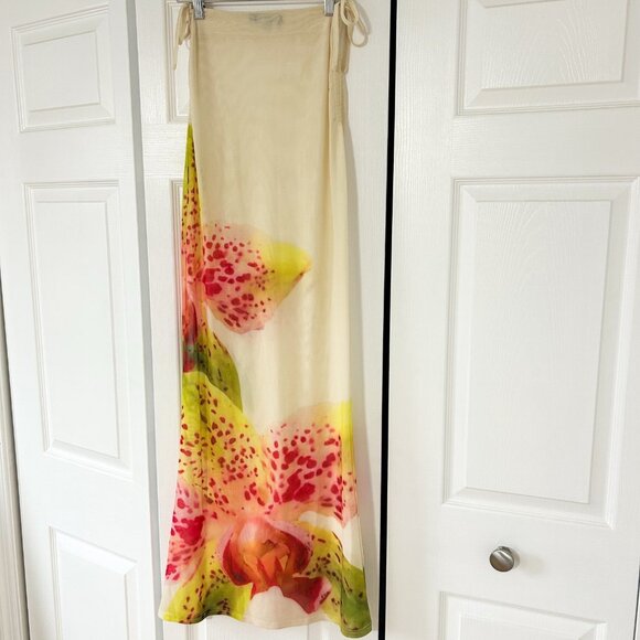 Murci Mesh Maxi Beach Skirt Floral Print Sheer Cover Up White Yellow Pink 2 - Picture 6 of 7